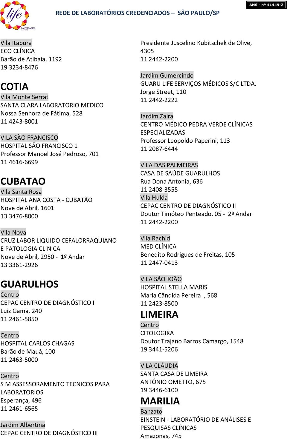 CLINICA Nove de Abril, 2950-1º Andar 13 3361-2926 GUARULHOS CEPAC CENTRO DE DIAGNÓSTICO I Luiz Gama, 240 11 2461-5850 HOSPITAL CARLOS CHAGAS Barão de Mauá, 100 11 2463-5000 S M ASSESSORAMENTO