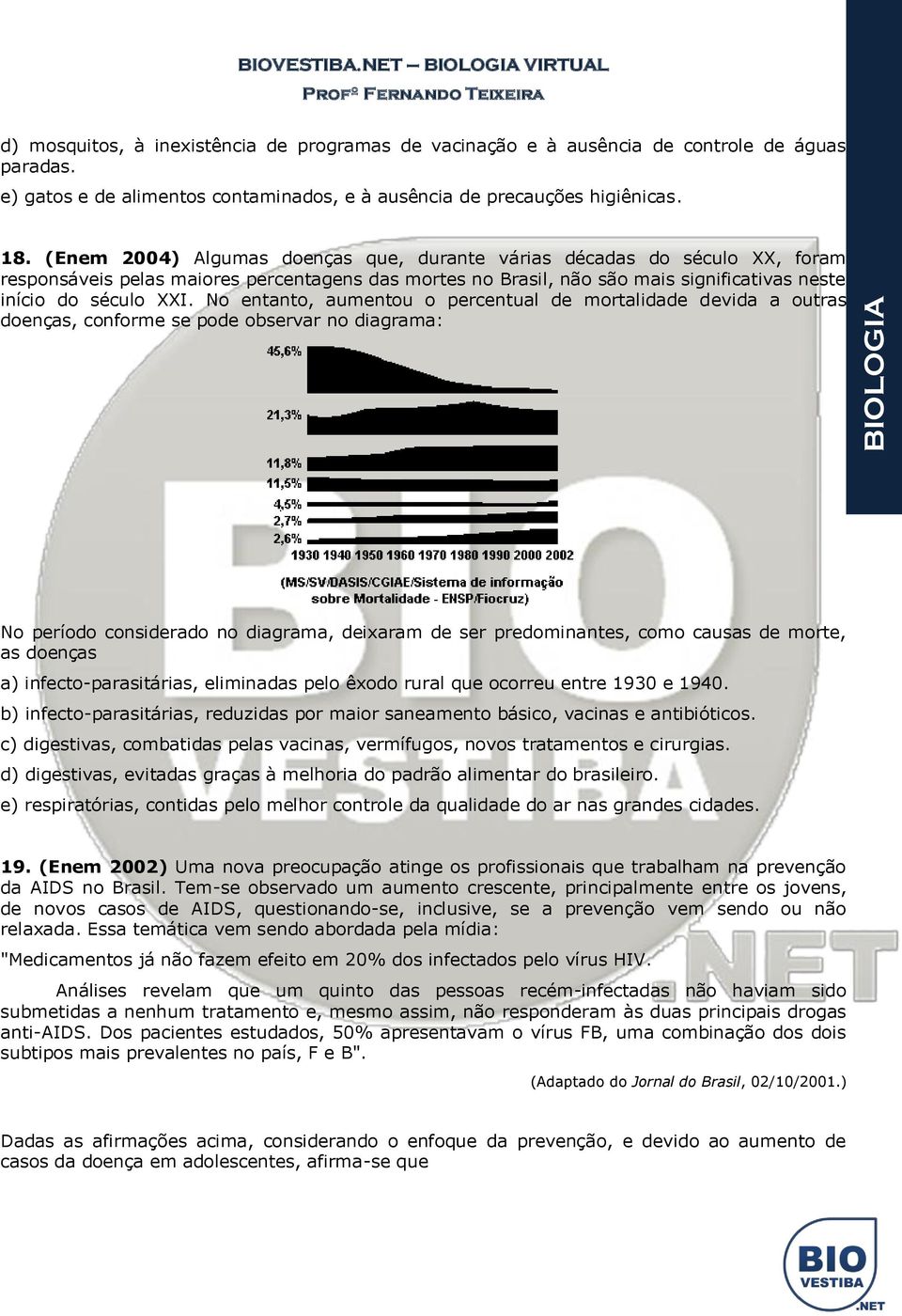 No entanto, aumentou o percentual de mortalidade devida a outras doenças, conforme se pode observar no diagrama: No período considerado no diagrama, deixaram de ser predominantes, como causas de