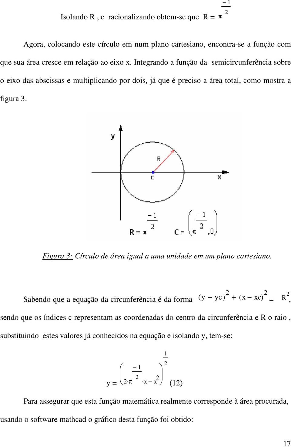 Figura 3: Círculo de área igual a uma unidade em um plano cartesiano.
