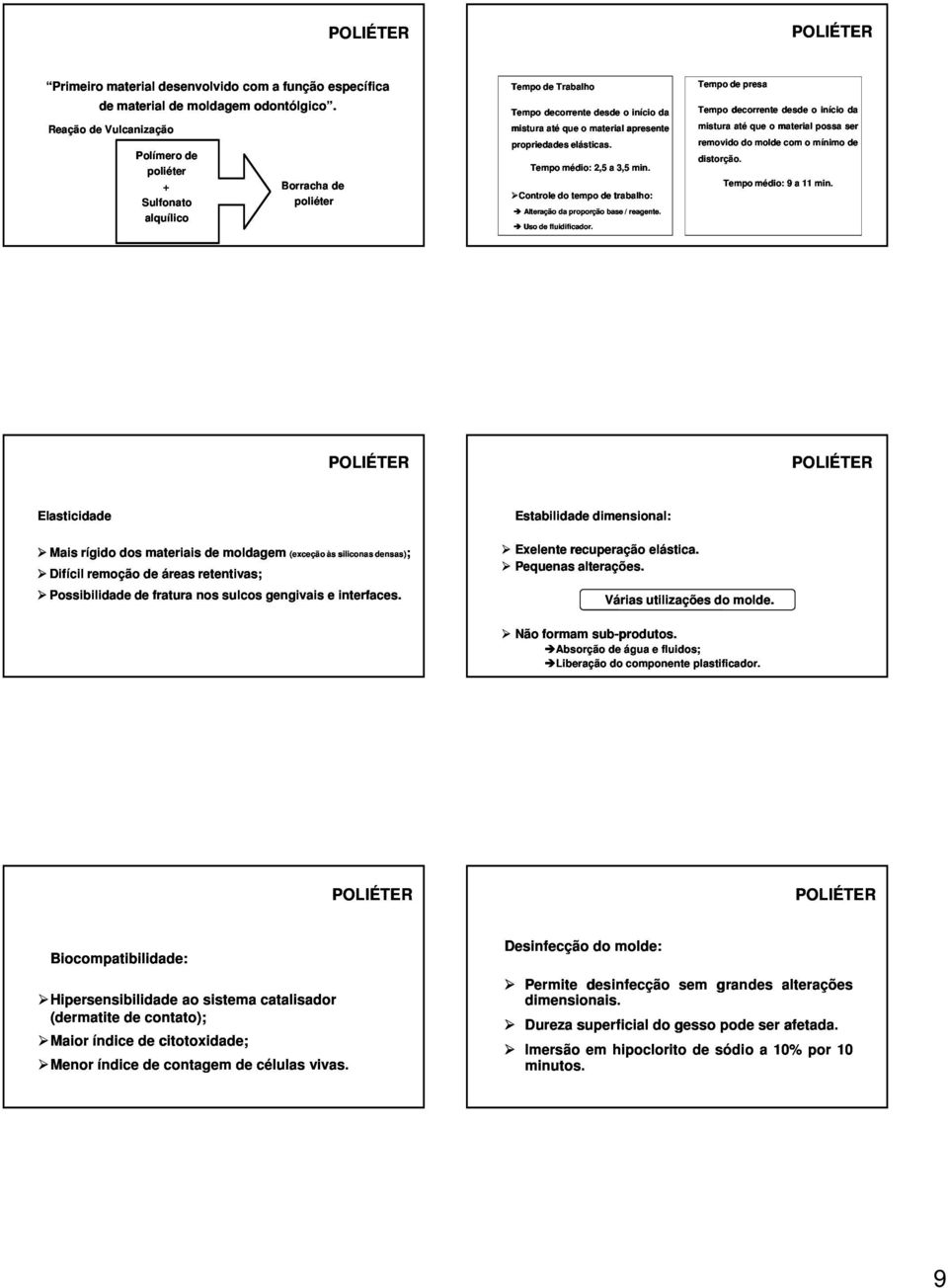 Tempo médio: 2,5 a 3,5 min. Controle do tempo de trabalho: Alteração da proporção base / reagente. Uso de fluidificador.