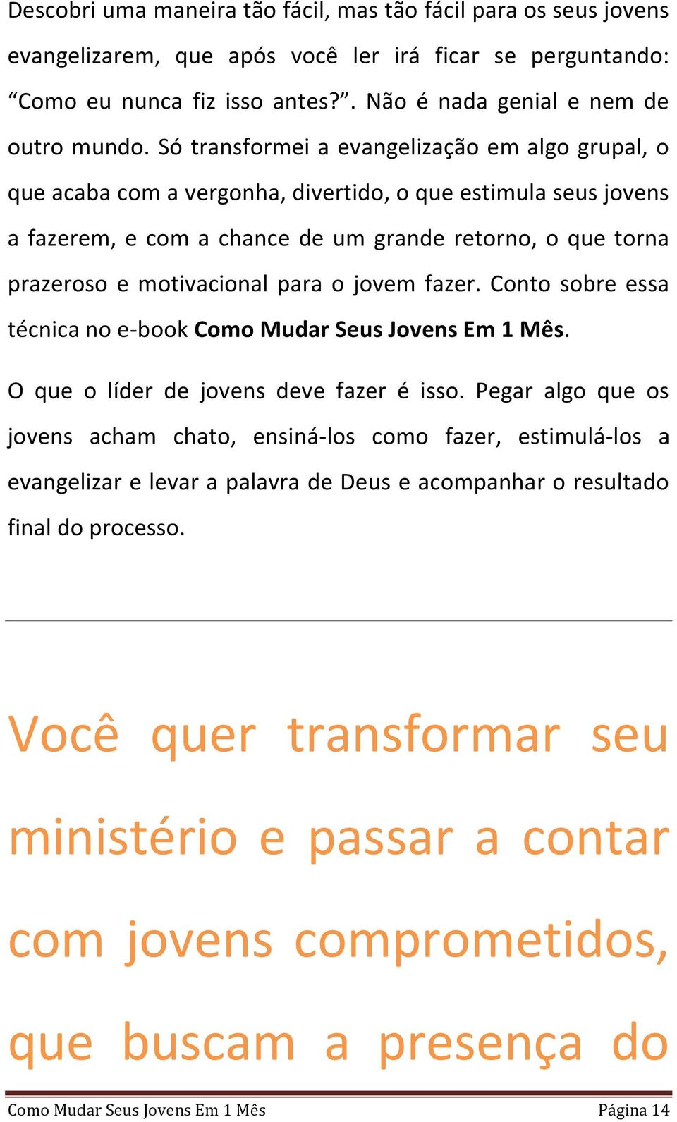 para o jovem fazer. Conto sobre essa técnica no e-book Como Mudar Seus Jovens Em 1 Mês. O que o líder de jovens deve fazer é isso.