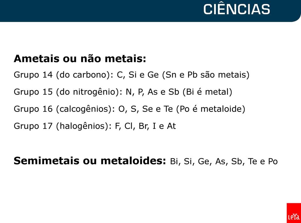 (calcogênios): O, S, Se e Te (Po é metaloide) Grupo 17 (halogênios):