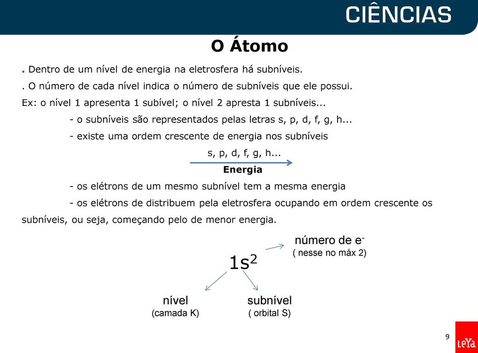 .. - existe uma ordem crescente de energia nos subníveis s, p, d, f, g, h.