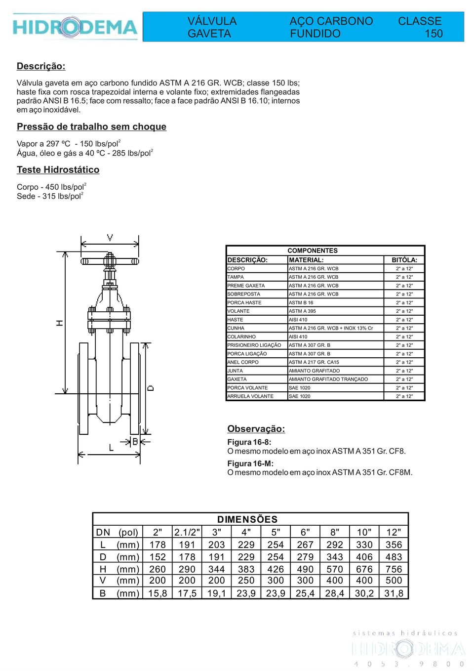 10; internos em aço inoxidável. Vapor a 97 ºC - 150 lbs/pol Água, óleo e gás a 40 ºC - 85 lbs/pol Corpo - 450 lbs/pol Sede - 315 lbs/pol CORPO ASTM A 16 GR. WCB " a 1" TAMPA ASTM A 16 GR.