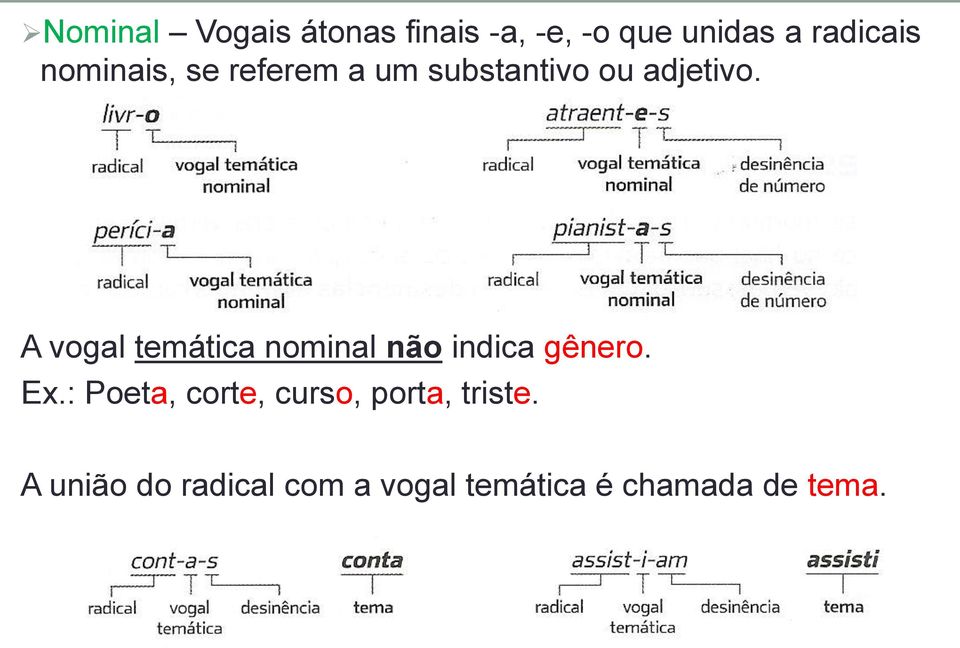 A vogal temática nominal não indica gênero. Ex.