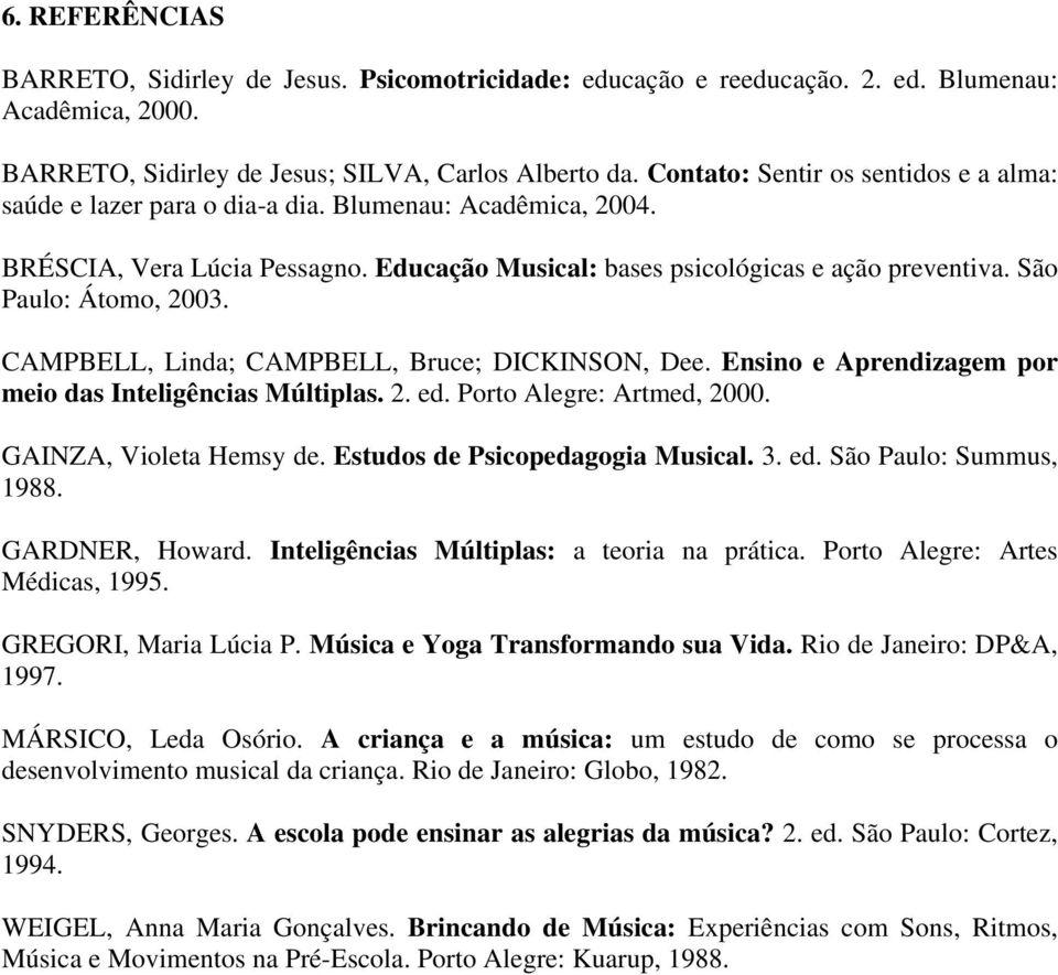 São Paulo: Átomo, 2003. CAMPBELL, Linda; CAMPBELL, Bruce; DICKINSON, Dee. Ensino e Aprendizagem por meio das Inteligências Múltiplas. 2. ed. Porto Alegre: Artmed, 2000. GAINZA, Violeta Hemsy de.