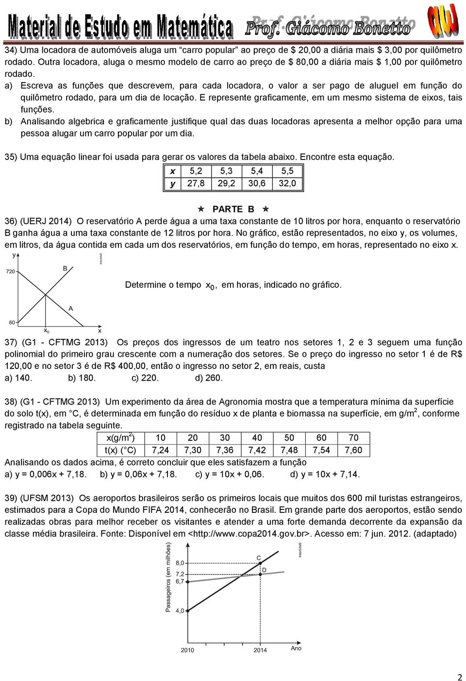 a) Escreva as funções que descrevem, para cada locadora, o valor a ser pago de aluguel em função do quilômetro rodado, para um dia de locação.