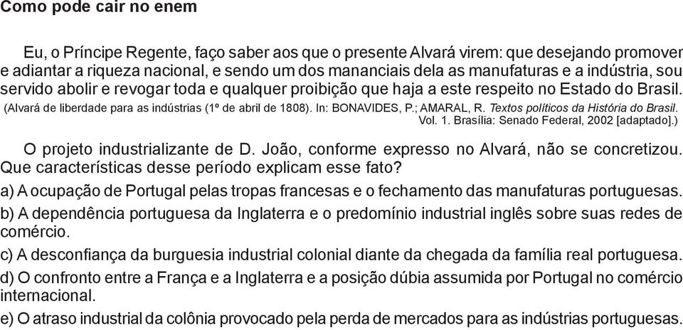 ; AMARAL, R. Textos políticos da História do Brasil. Vol. 1. Brasília: Senado Federal, 2002 [adaptado].) O projeto industrializante de D. João, conforme expresso no Alvará, não se concretizou.