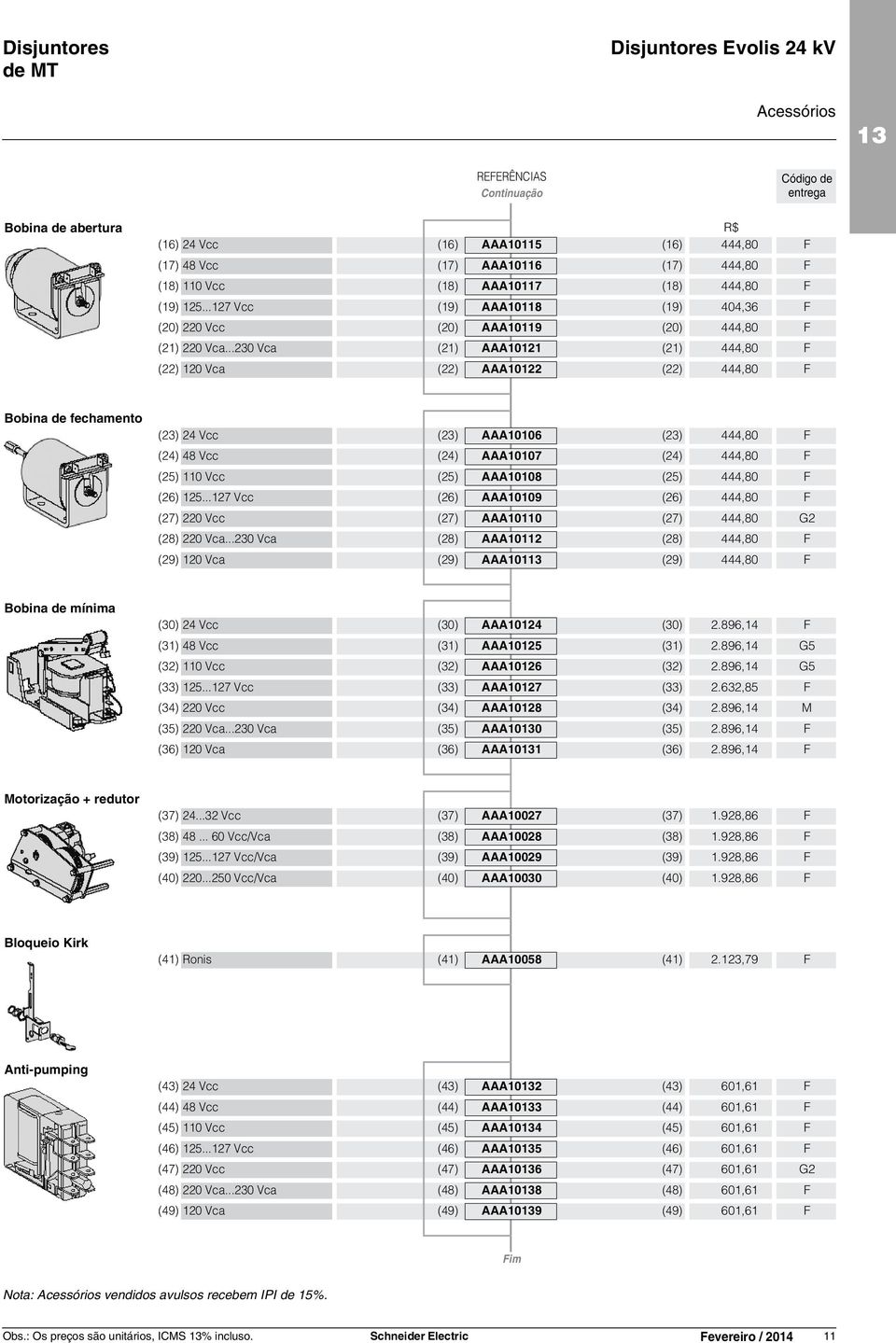 ..230 Vca (21) AAA10121 (21) 444,80 F (22) 120 Vca (22) AAA10122 (22) 444,80 F Bobina de fechamento (23) 24 Vcc (23) AAA10106 (23) 444,80 F (24) 48 Vcc (24) AAA10107 (24) 444,80 F (25) 110 Vcc (25)