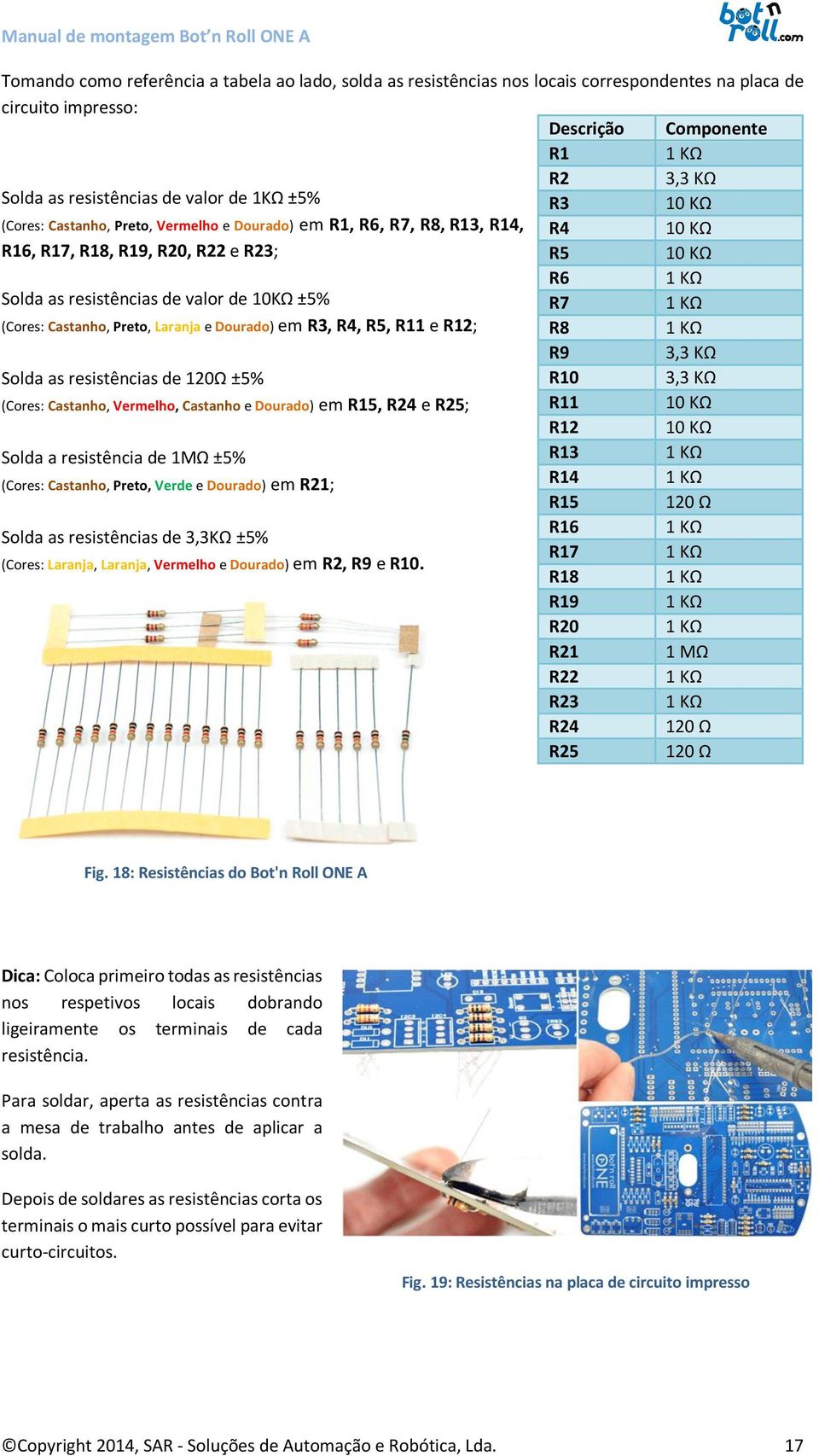 Castanho, Preto, Laranja e Dourado) em R3, R4, R5, R11 e R12; R7 R8 R9 1 KΩ 1 KΩ 3,3 KΩ Solda as resistências de 120Ω ±5% (Cores: Castanho, Vermelho, Castanho e Dourado) em R15, R24 e R25; R10 R11