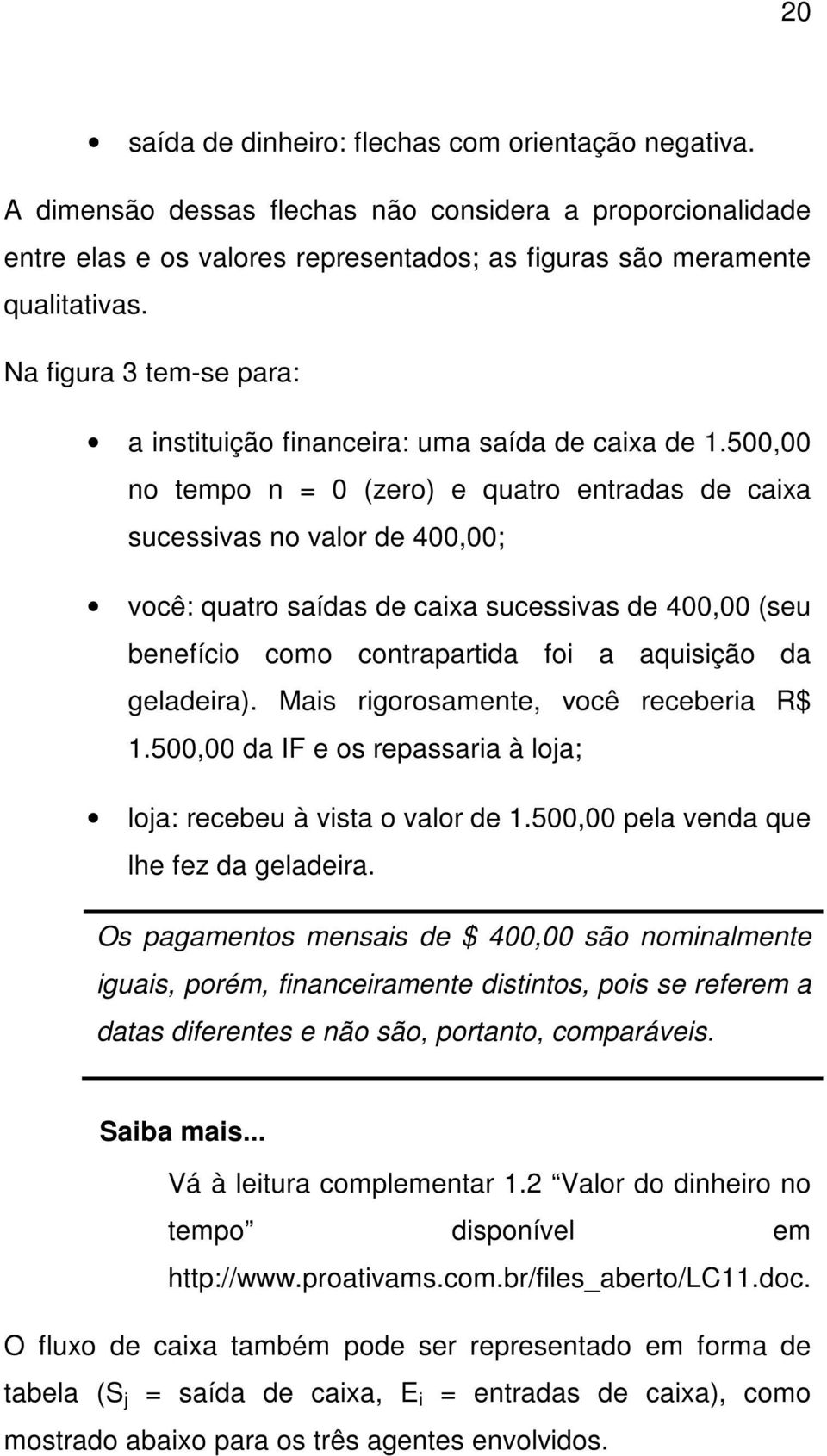 500,00 o tempo = 0 (zero) e quatro etradas de caixa sucessivas o valor de 400,00; você: quatro saídas de caixa sucessivas de 400,00 (seu beefício como cotrapartida foi a aquisição da geladeira).