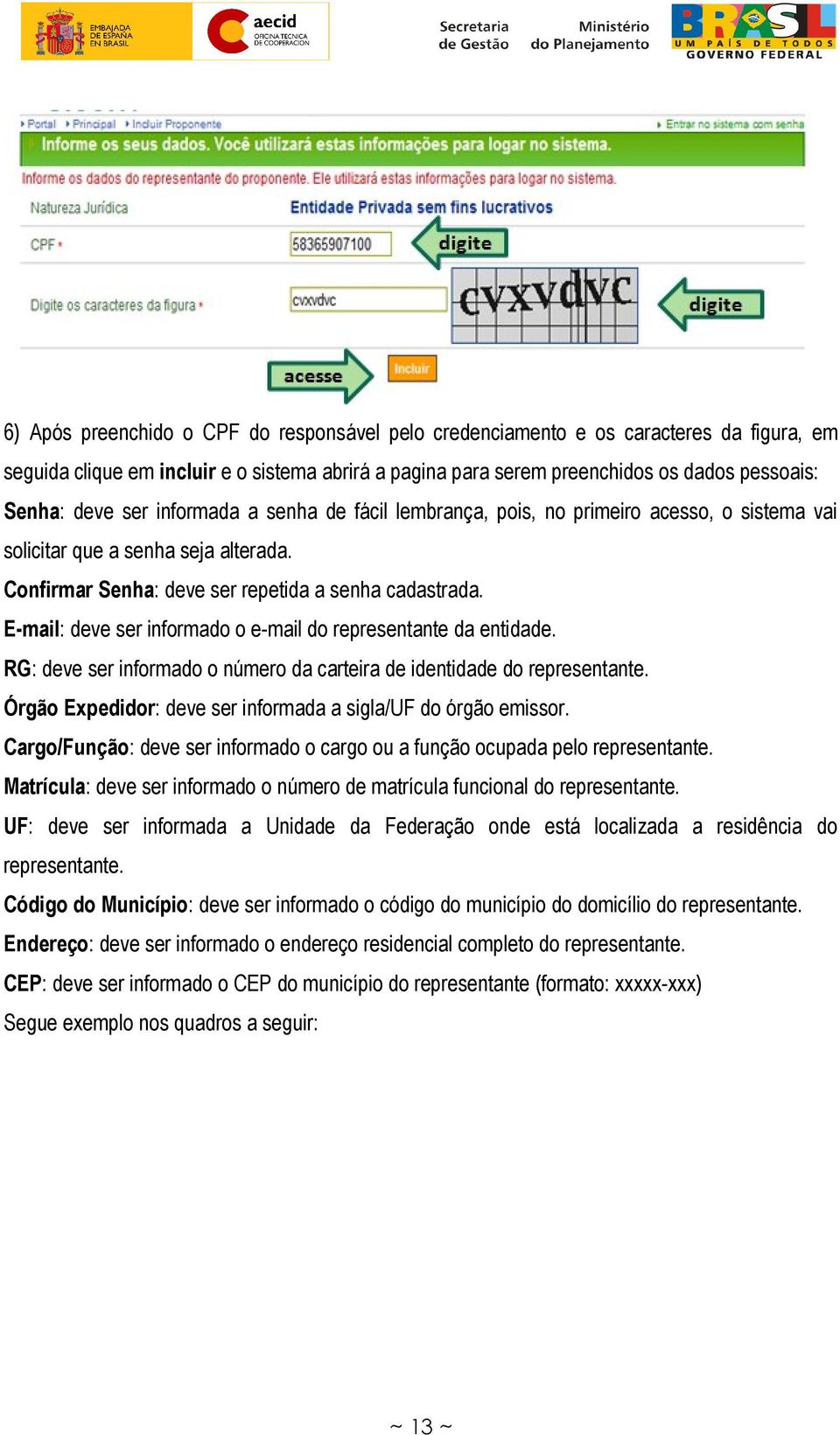 E-mail: deve ser informado o e-mail do representante da entidade. RG: deve ser informado o número da carteira de identidade do representante.