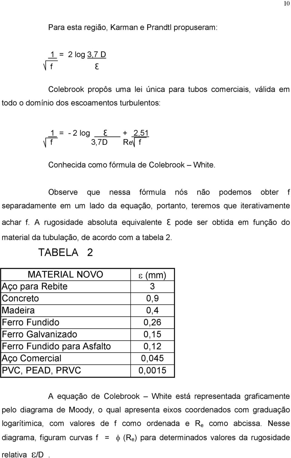 A rugosidade absoluta equivalente Ɛ pode ser obtida em função do material da tubulação, de acordo com a tabela 2.