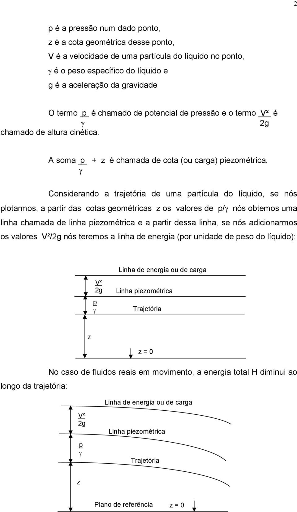 γ Considerando a trajetória de uma partícula do líquido, se nós plotarmos, a partir das cotas geométricas z os valores de p/γ nós obtemos uma linha chamada de linha piezométrica e a partir dessa