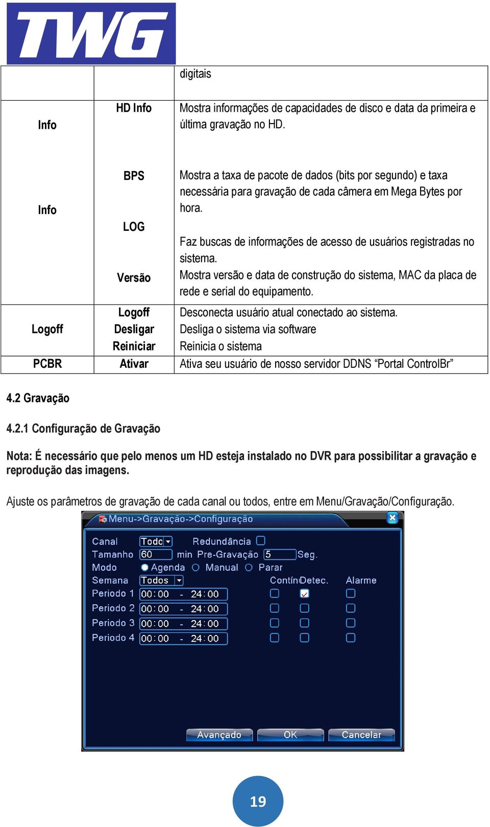 Faz buscas de informações de acesso de usuários registradas no sistema. Mostra versão e data de construção do sistema, MAC da placa de rede e serial do equipamento.