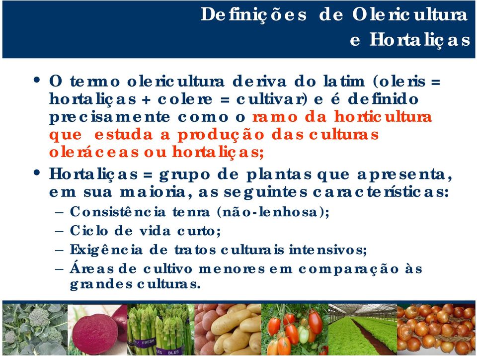 Hortaliças = grupo de plantas que apresenta, em sua maioria, as seguintes características: Consistência tenra