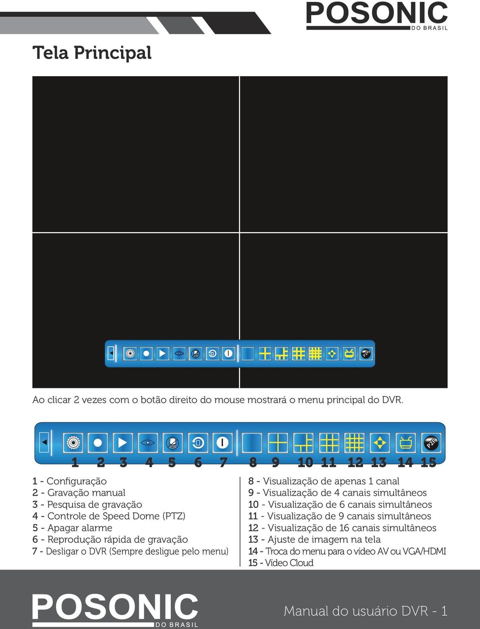 Reprodução rápida de gravação 7 - Desligar o DVR (Sempre desligue pelo menu) 8 - Visualização de apenas 1 canal 9 - Visualização de 4 canais simultâneos 10 -