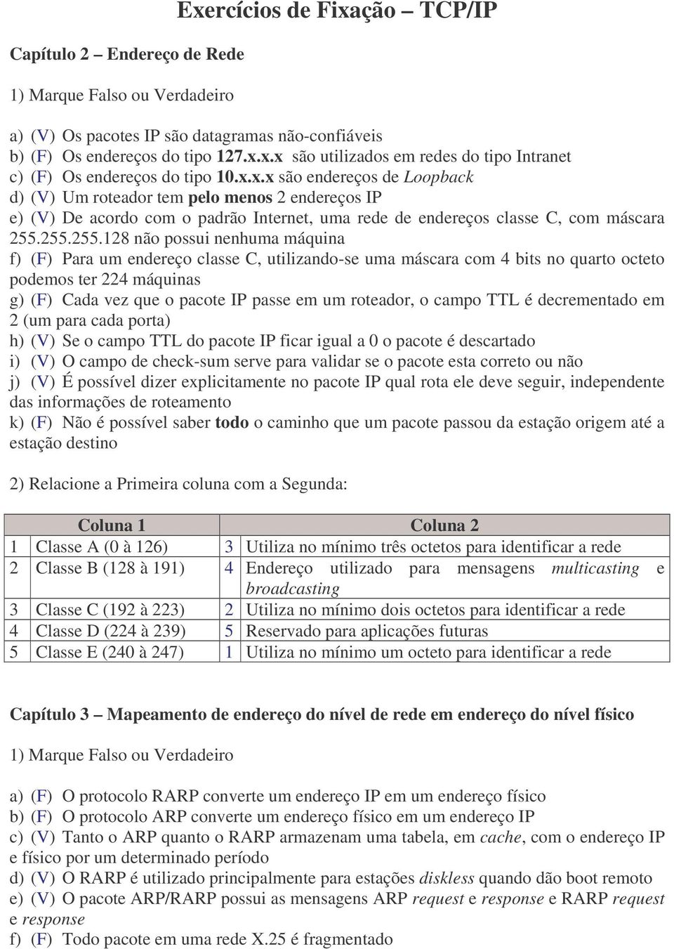 255.255.128 não possui nenhuma máquina f) (F) Para um endereço classe C, utilizando-se uma máscara com 4 bits no quarto octeto podemos ter 224 máquinas g) (F) Cada vez que o pacote IP passe em um