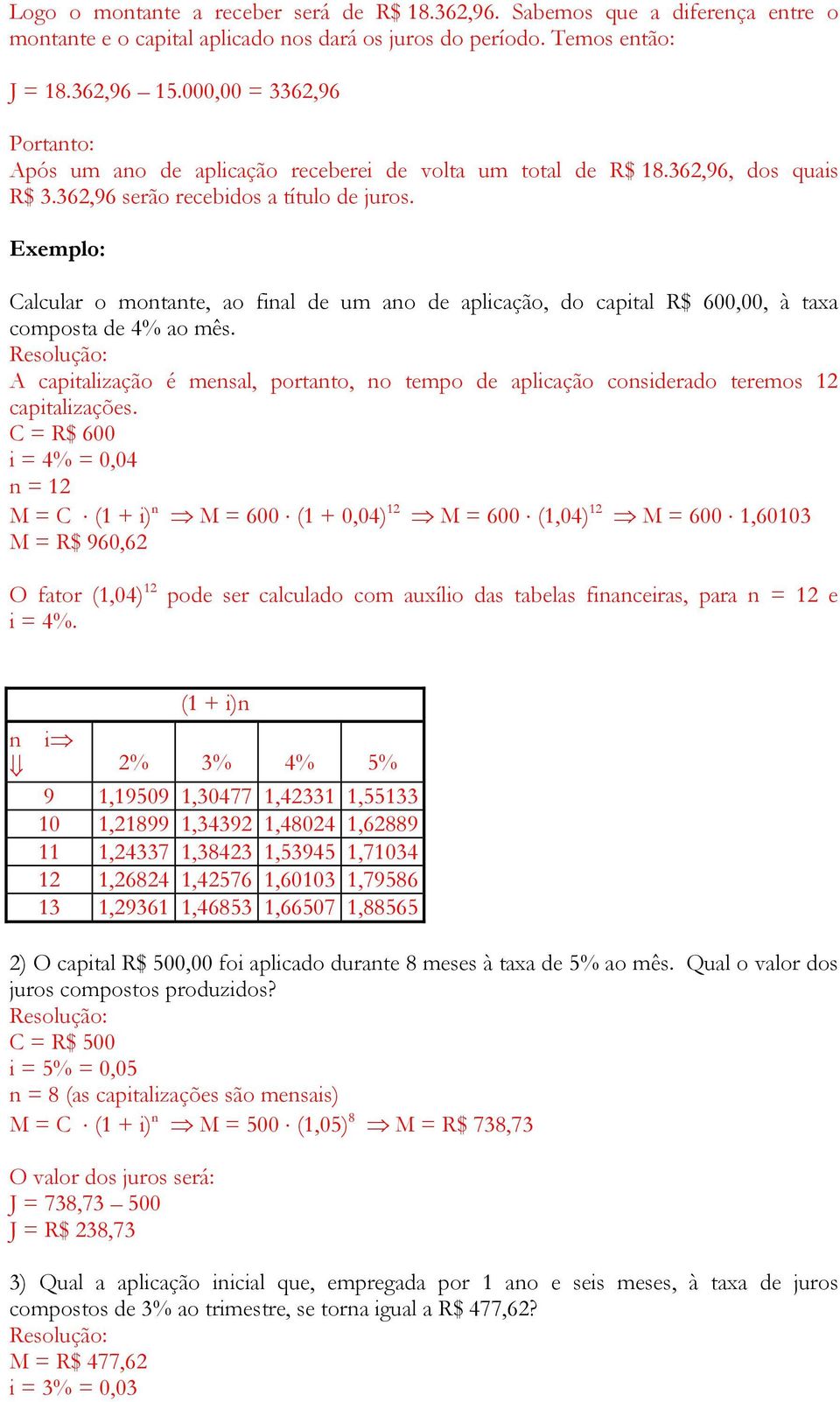 Exemplo: Calcular o montante, ao final de um ano de aplicação, do capital R$ 600,00, à taxa composta de 4% ao mês.