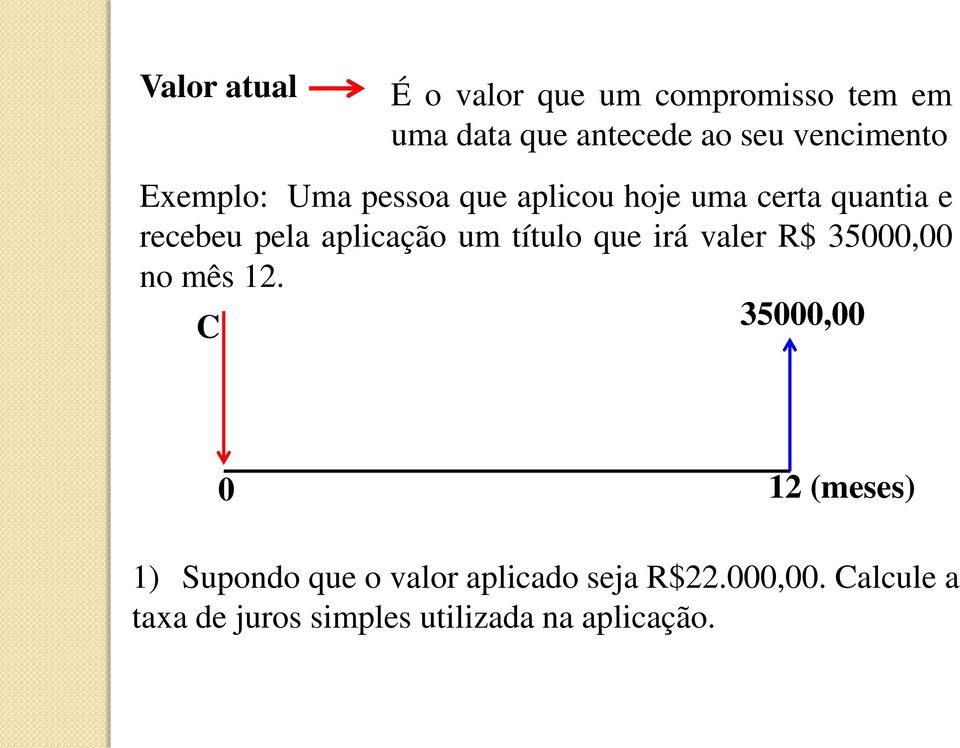 aplicação um título que irá valer R$ 35000,00 no mês 12.