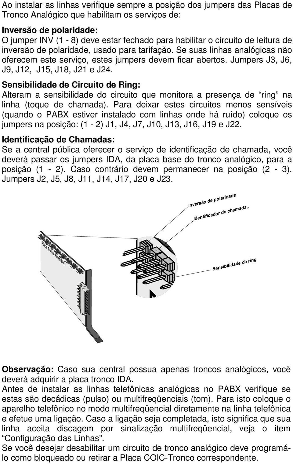 Jumpers J3, J6, J9, J12, J15, J18, J21 e J24. Sensibilidade de Circuito de Ring: Alteram a sensibilidade do circuito que monitora a presença de ring na linha (toque de chamada).