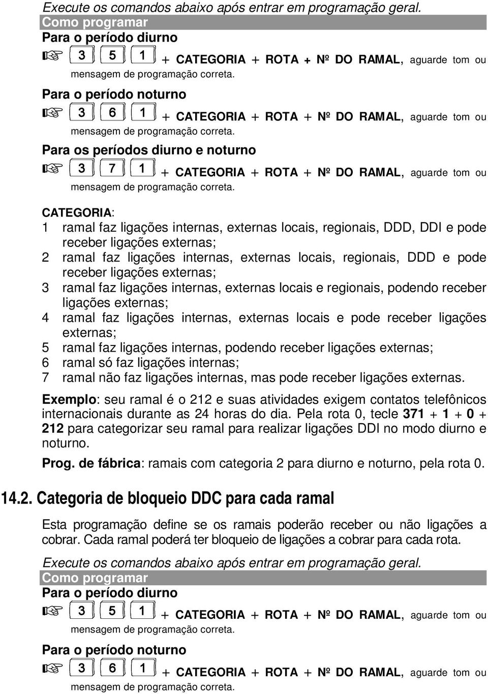 Para os períodos diurno e noturno + CATEGORIA + ROTA + Nº DO RAMAL, aguarde tom ou mensagem de programação correta.