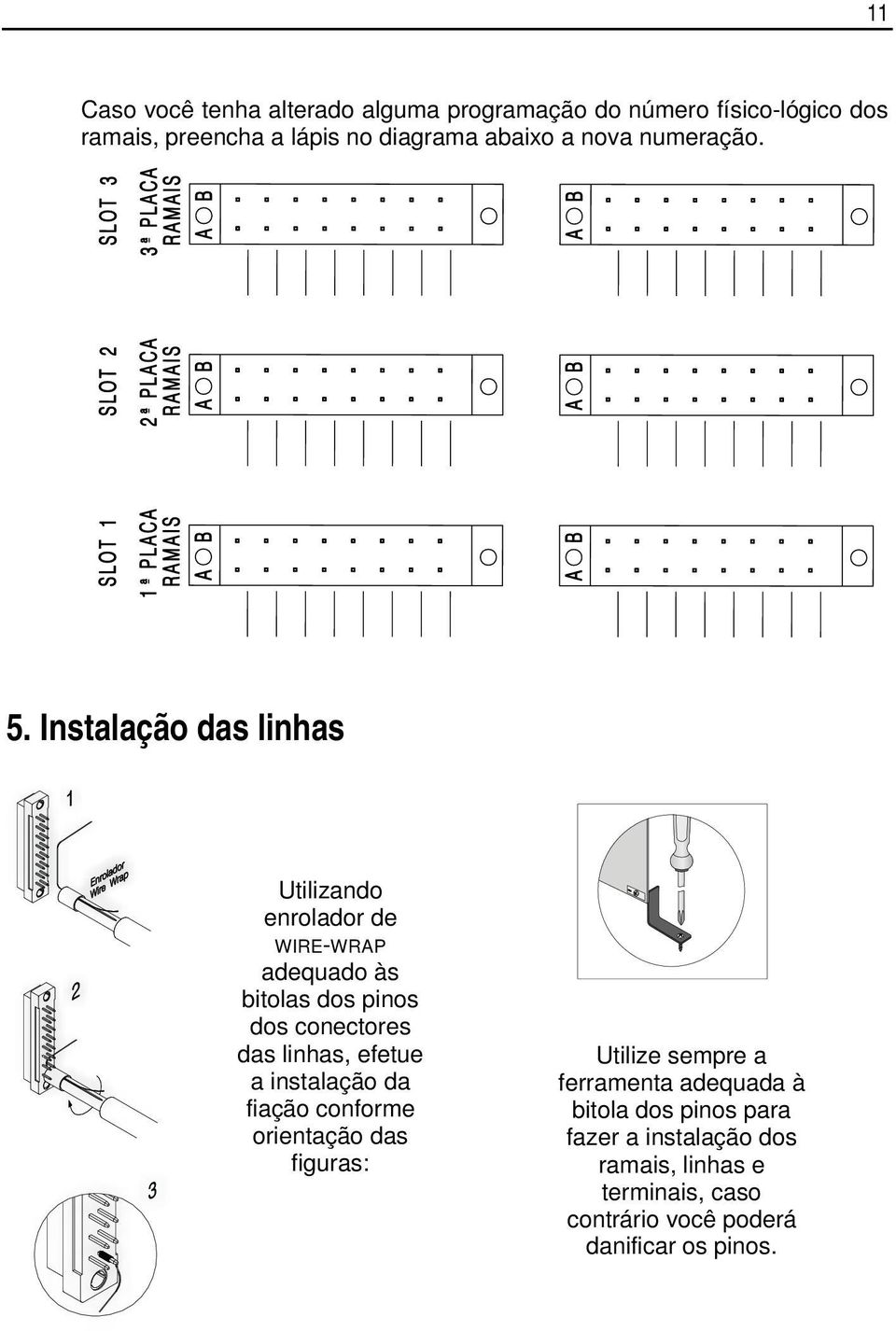 Instalação das linhas Utilizando enrolador de WIRE-WRAP adequado às bitolas dos pinos dos conectores das linhas,