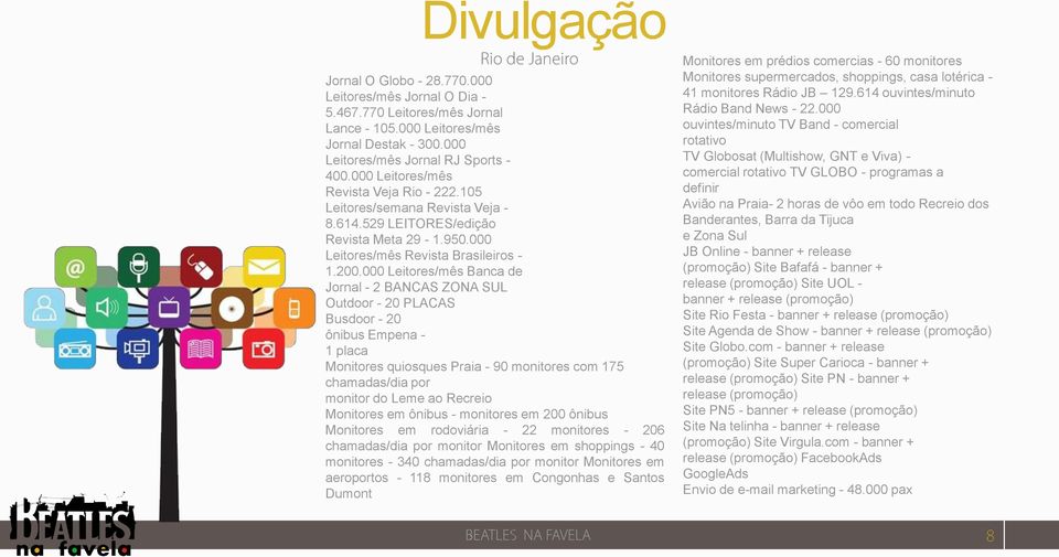 000 Leitores/mês Banca de Jornal - 2 BANCAS ZONA SUL Outdoor - 20 PLACAS Busdoor - 20 ônibus Empena - 1 placa Monitores quiosques Praia - 90 monitores com 175 chamadas/dia por monitor do Leme ao