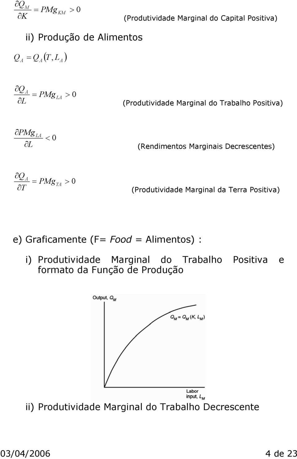 (Produtividade arginal da Terra Positiva) e) Graficamente (F= Food = limentos) : i) Produtividade arginal do