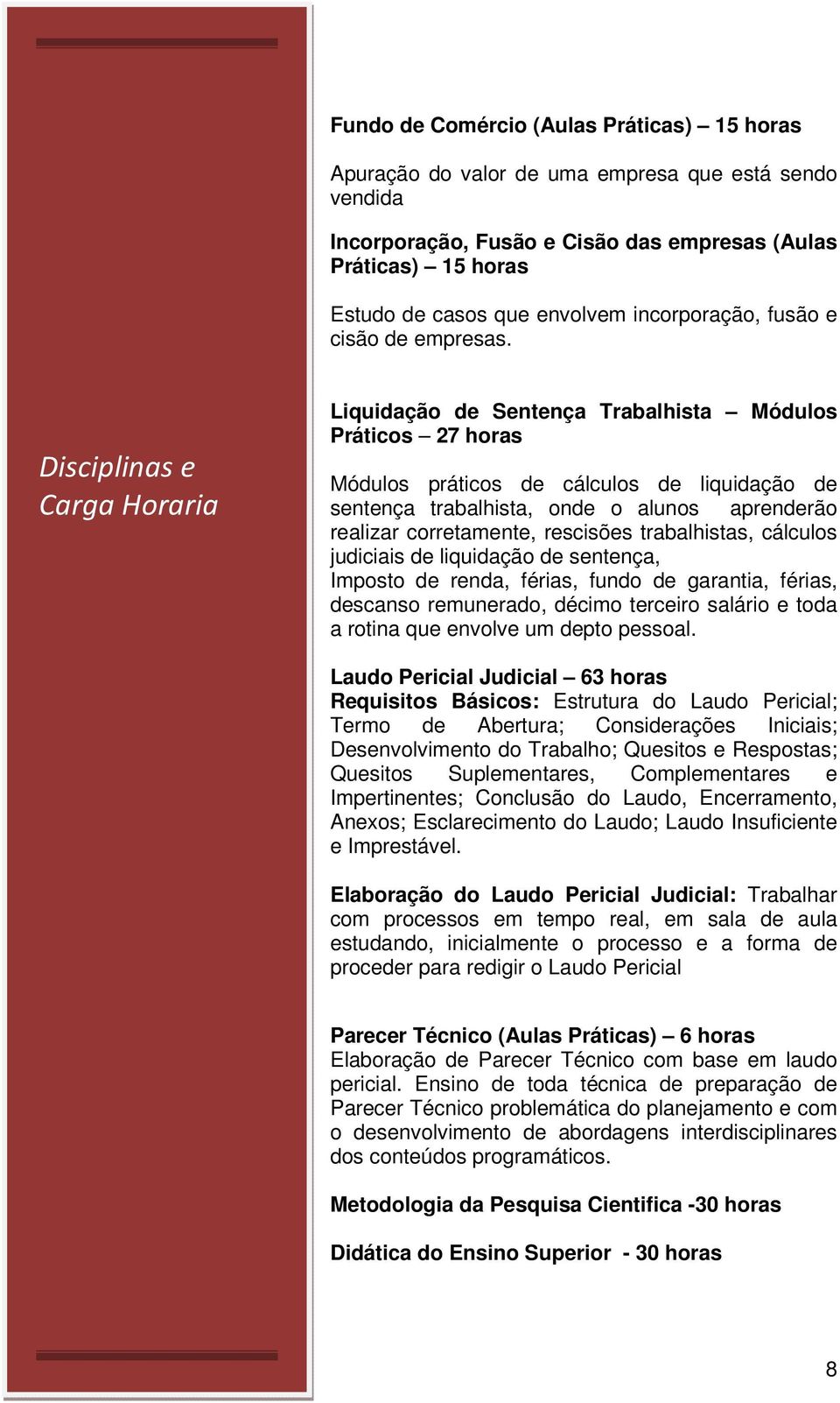 Disciplinas e Carga Horaria Liquidação de Sentença Trabalhista Módulos Práticos 27 horas Módulos práticos de cálculos de liquidação de sentença trabalhista, onde o alunos aprenderão realizar