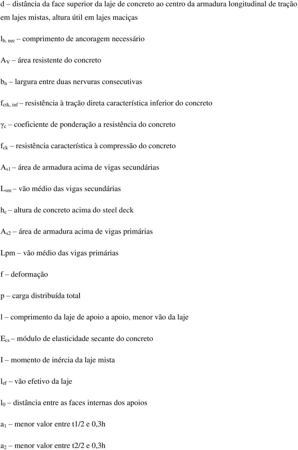 f ck resistência característica à compressão do concreto A s1 área de armadura acima de vigas secundárias L sm vão médio das vigas secundárias h c altura de concreto acima do steel deck A s2 área de