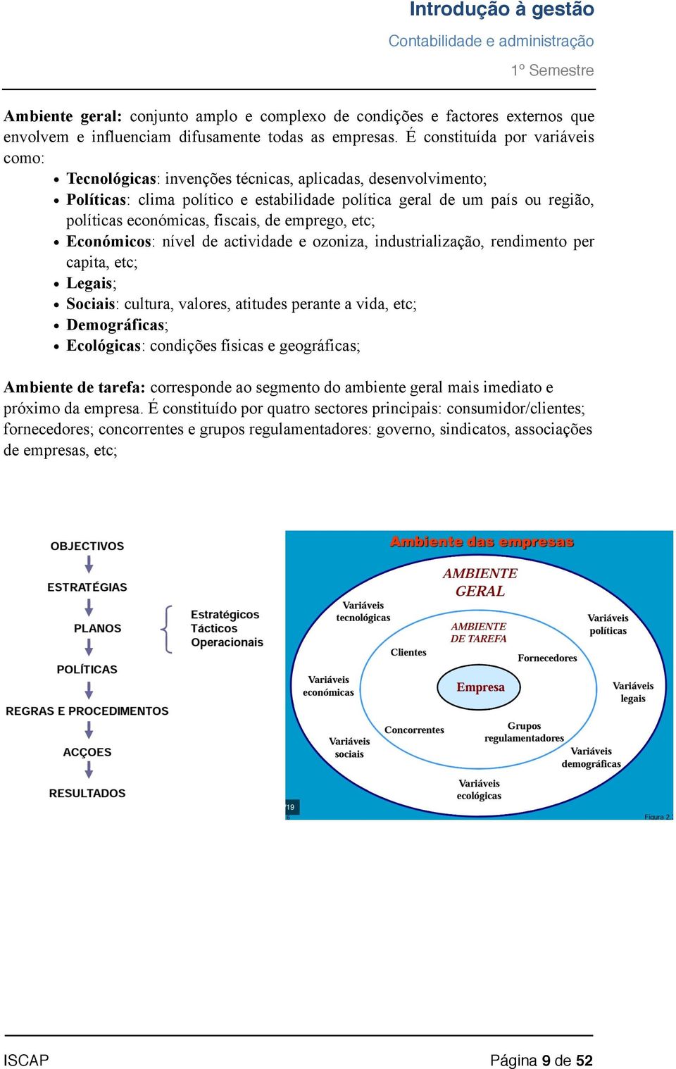 fiscais, de emprego, etc; Económicos: nível de actividade e ozoniza, industrialização, rendimento per capita, etc; Legais; Sociais: cultura, valores, atitudes perante a vida, etc; Demográficas;