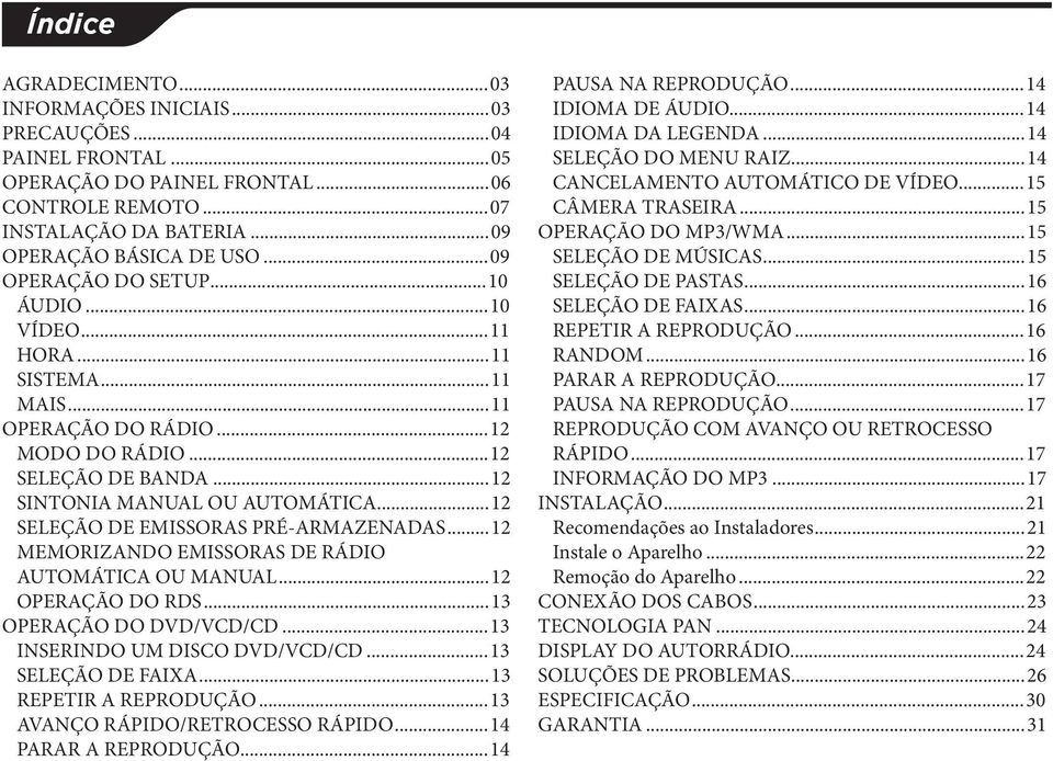 ..12 SELEÇÃO DE EMISSORAS PRÉ-ARMAZENADAS...12 MEMORIZANDO EMISSORAS DE RÁDIO AUTOMÁTICA OU MANUAL...12 OPERAÇÃO DO RDS...13 OPERAÇÃO DO DVD/VCD/CD...13 INSERINDO UM DISCO DVD/VCD/CD.