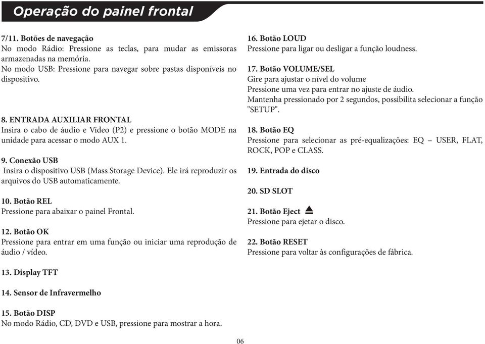 Botão VOLUME/SEL Gire para ajustar o nível do volume Pressione uma vez para entrar no ajuste de áudio. Mantenha pressionado por 2 segundos, possibilita selecionar a função "SETUP". 8.