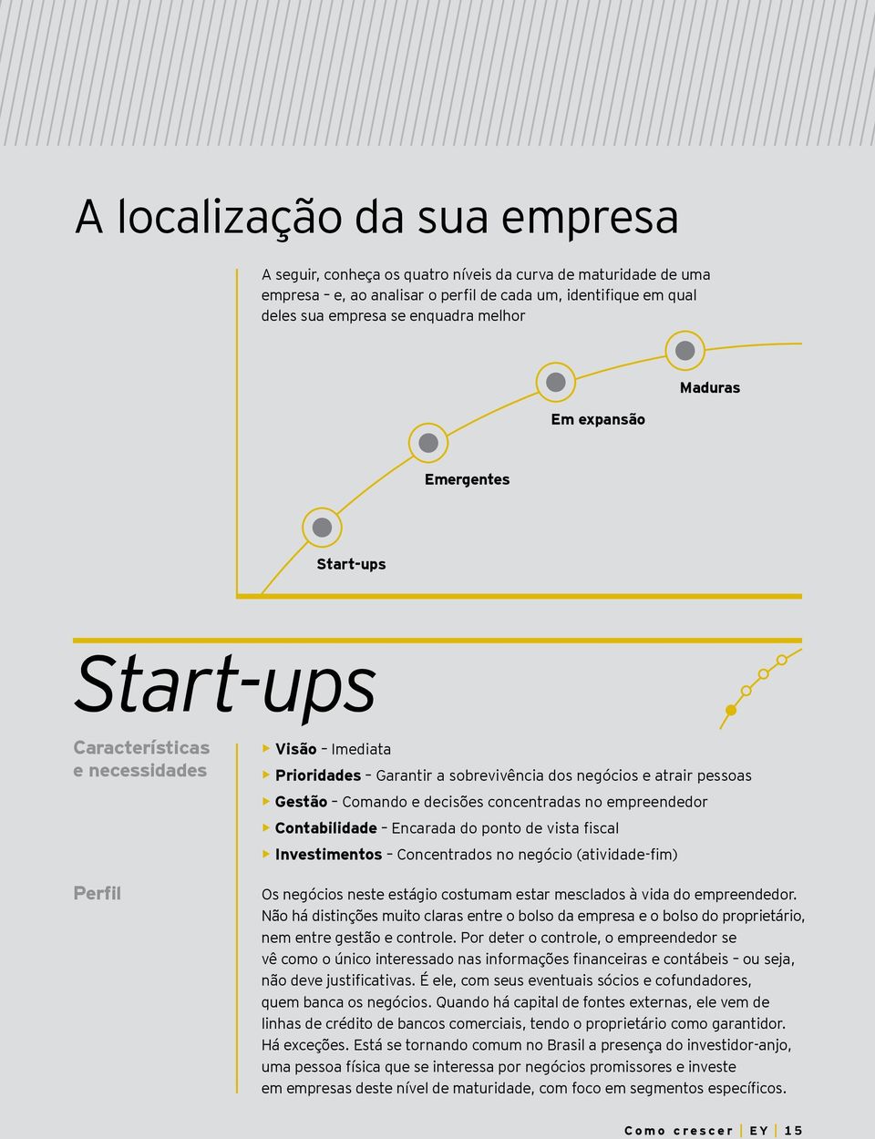 concentradas no empreendedor Contabilidade Encarada do ponto de vista fiscal Investimentos Concentrados no negócio (atividade-fim) Os negócios neste estágio costumam estar mesclados à vida do