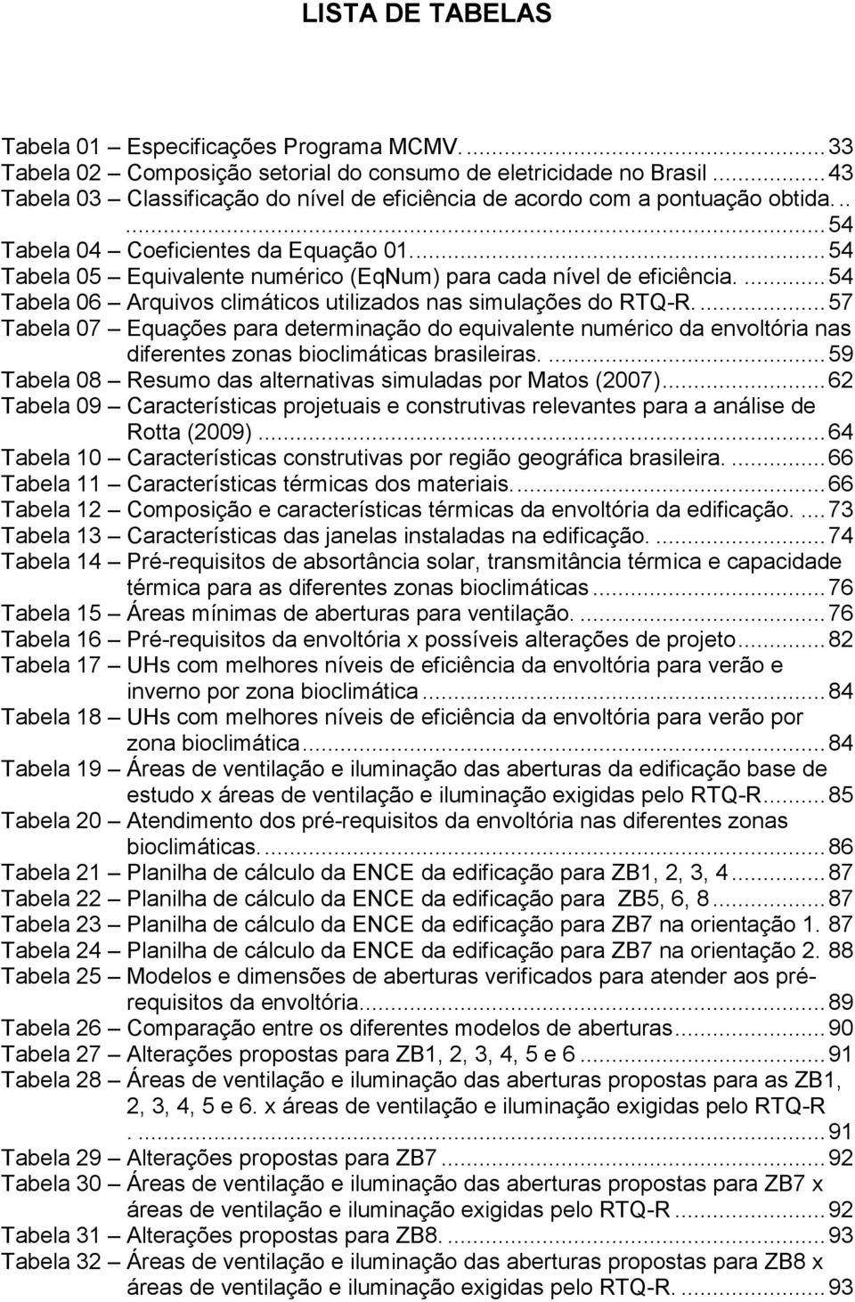 ... 54 Tabela 05 Equivalente numérico (EqNum) para cada nível de eficiência.... 54 Tabela 06 Arquivos climáticos utilizados nas simulações do RTQ-R.