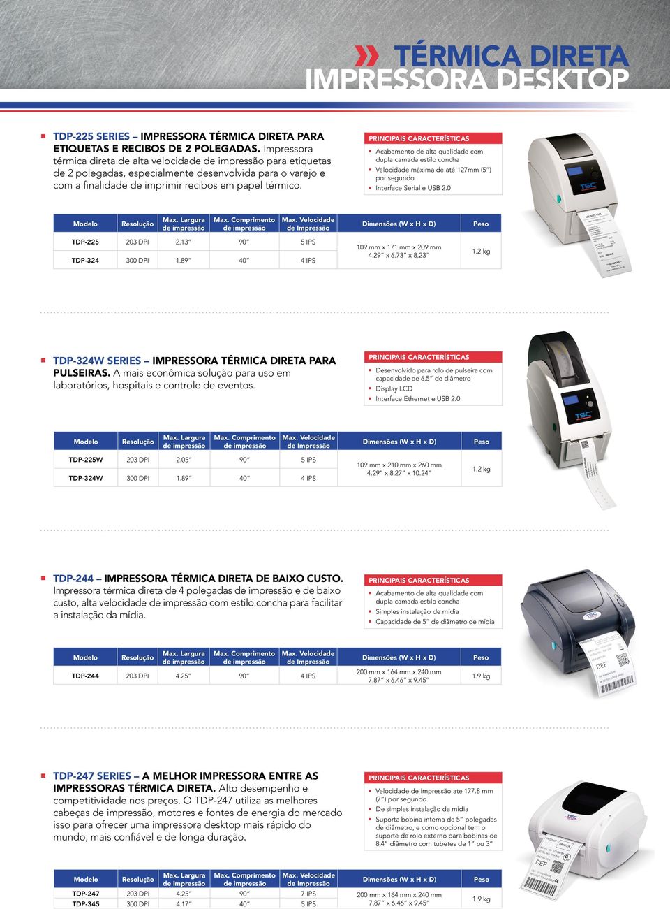 Acabamento de alta qualidade com dupla camada estilo concha elocidade máxima de até 127mm (5 ) por segundo Interface Serial e USB 2.0 Max. elocidade TDP-225 203 DPI 2.13 90 5 IPS TDP-324 300 DPI 1.