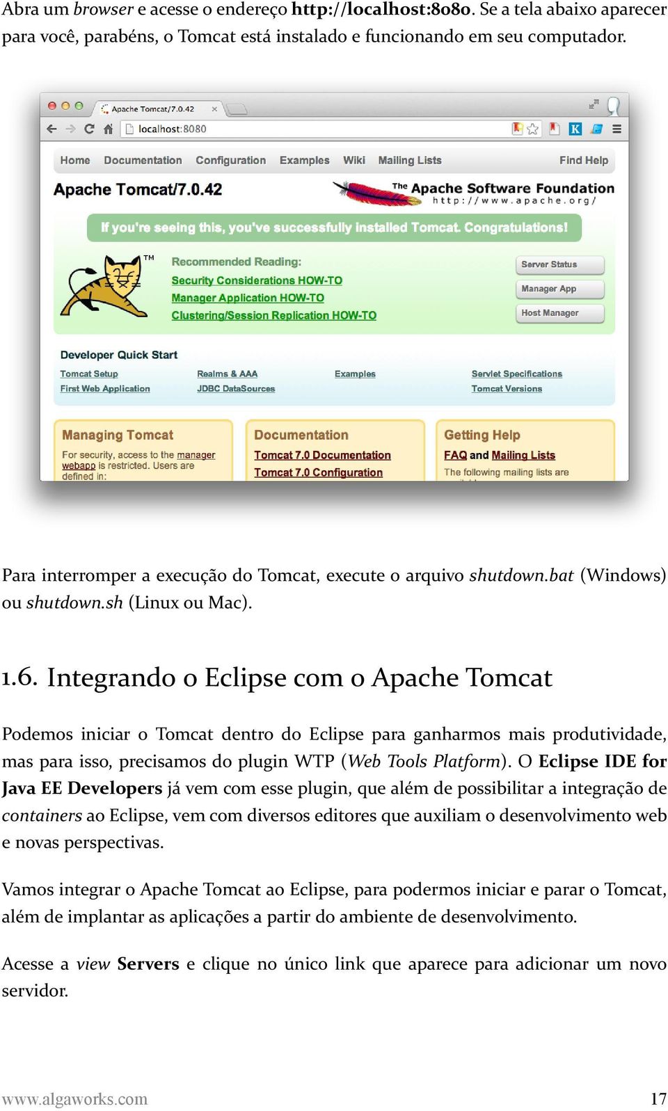 Integrando o Eclipse com o Apache Tomcat Podemos iniciar o Tomcat dentro do Eclipse para ganharmos mais produtividade, mas para isso, precisamos do plugin WTP (Web Tools Platform).