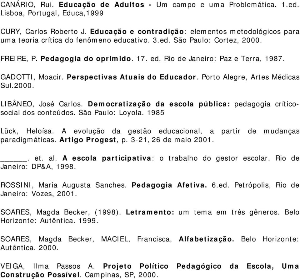 GADOTTI, Moacir. Perspectivas Atuais do Educador. Porto Alegre, Artes Médicas Sul.2000. LIBÂNEO, José Carlos. Democratização da escola pública: pedagogia críticosocial dos conteúdos.