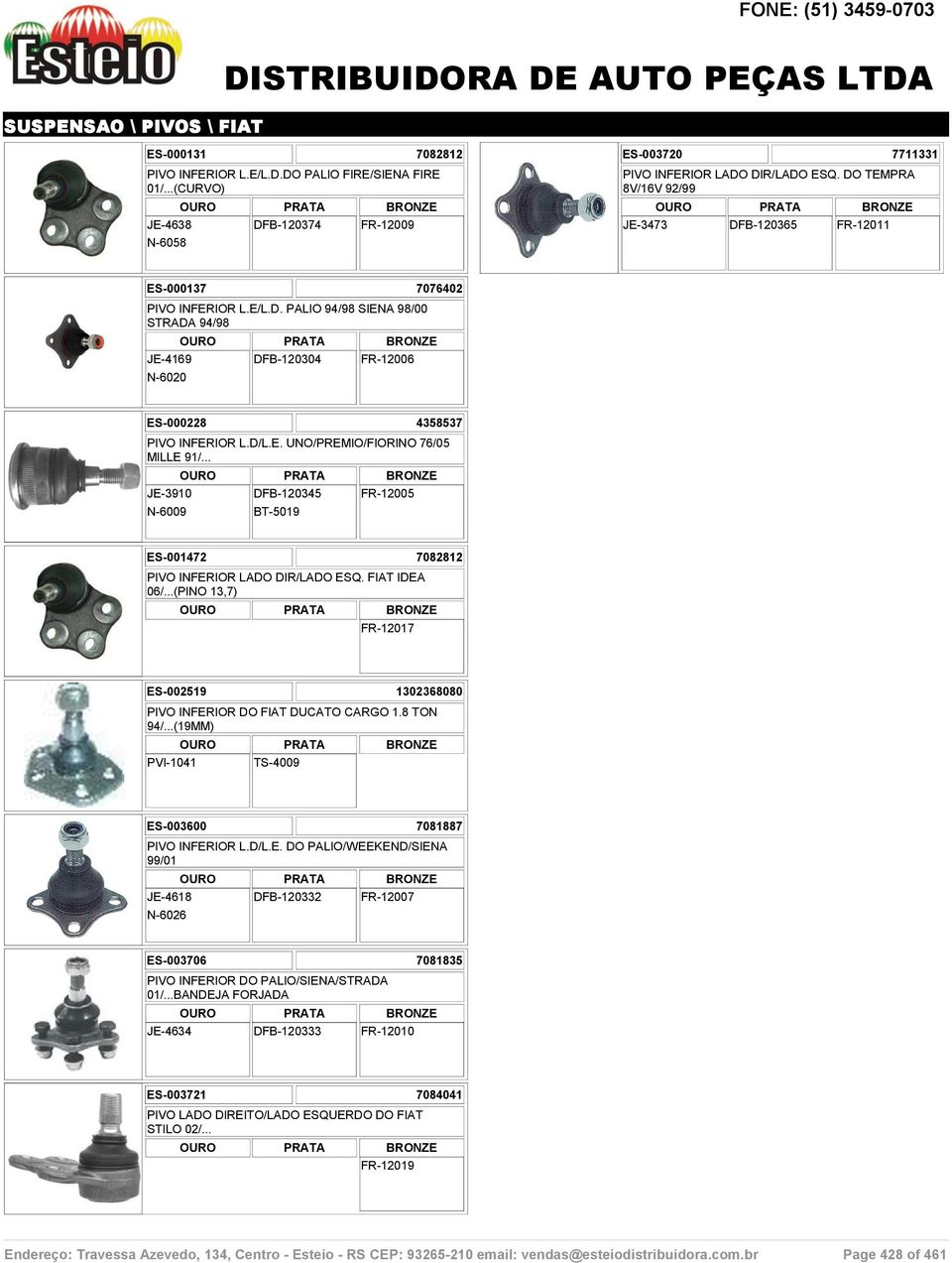 D/L.E. UNO/PREMIO/FIORINO 76/05 MILLE 91/... JE-3910 N-6009 DFB-120345 BT-5019 FR-12005 ES-001472 7082812 PIVO INFERIOR LADO DIR/LADO ESQ. FIAT IDEA 06/.