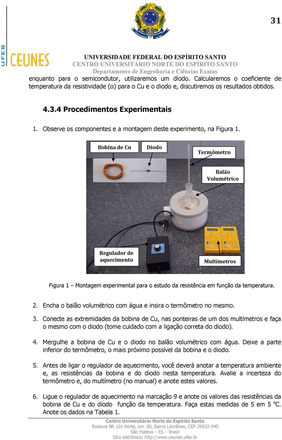 Bobina de Cu Diodo Termômetro Balão Volumétrico Regulador de aquecimento Multímetros Figura 1 Montagem experimental para o estudo da resistência em função da temperatura. 2.
