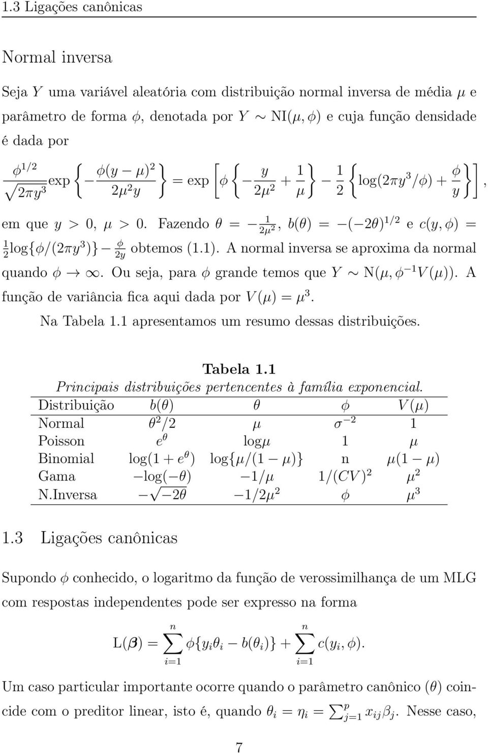 A normal inversa se aproxima da normal 2y quando φ. Ou seja, para φ grande temos que Y N(µ,φ 1 V(µ)). A função de variância fica aqui dada por V(µ) = µ 3. Na Tabela 1.