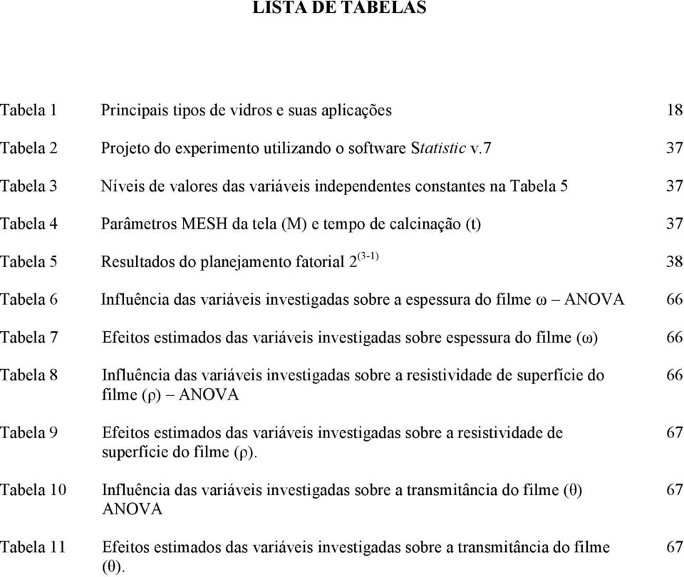 (3-1) 38 Tabela 6 Influência das variáveis investigadas sobre a espessura do filme ω ANOVA 66 Tabela 7 Efeitos estimados das variáveis investigadas sobre espessura do filme (ω) 66 Tabela 8 Tabela 9