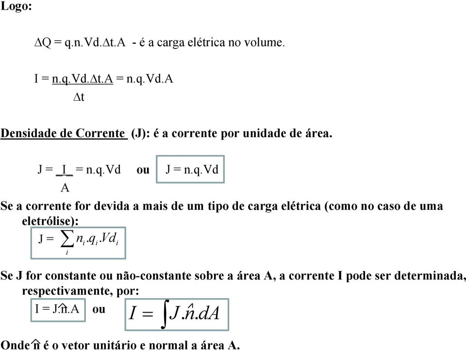 q. Vd i i i i Se J for constante ou não-constante sobre a área A, a corrente I pode ser determinada, respectivamente, t