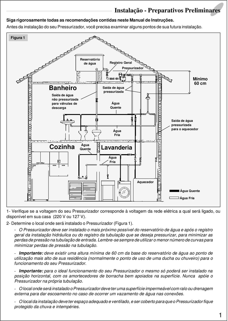 Figura 1 Reservatório de água Registro Geral Pressurizador Banheiro Saída de água não pressurizada para válvulas de descarga Saída de água pressurizada Água Quente Mínimo 60 cm Água Fria Saída de