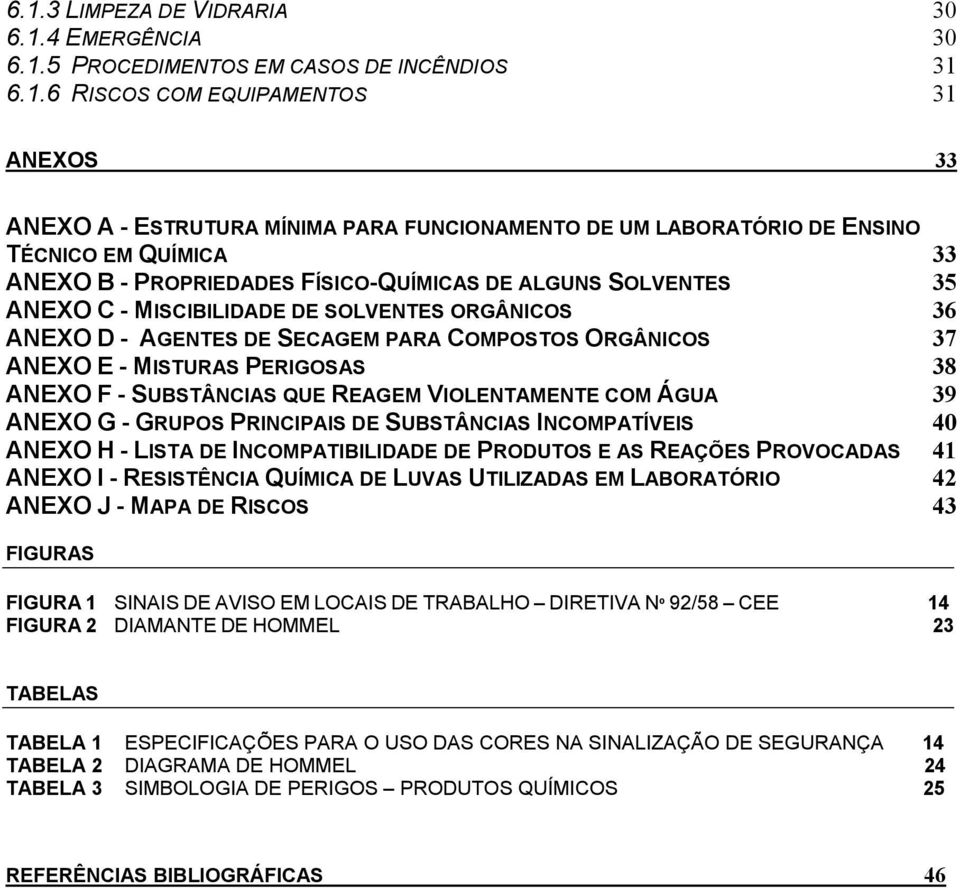 ORGÂNICOS 37 ANEXO E - MISTURAS PERIGOSAS 38 ANEXO F - SUBSTÂNCIAS QUE REAGEM VIOLENTAMENTE COM ÁGUA 39 ANEXO G - GRUPOS PRINCIPAIS DE SUBSTÂNCIAS INCOMPATÍVEIS 40 ANEXO H - LISTA DE