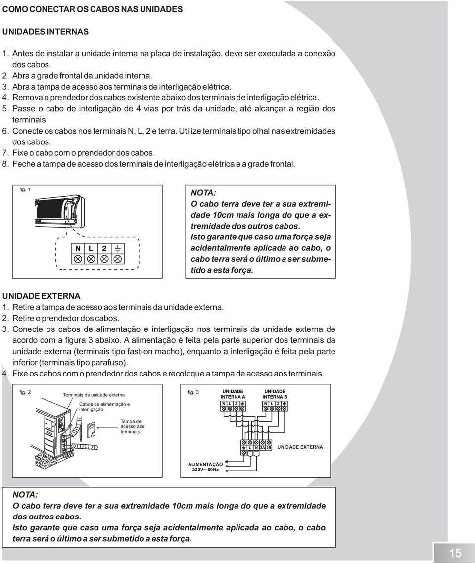 Passe o cabo de interligação de 4 vias por trás da unidade, até alcançar a região dos terminais. Conecte os cabos nos terminais N, L, 2 e terra.