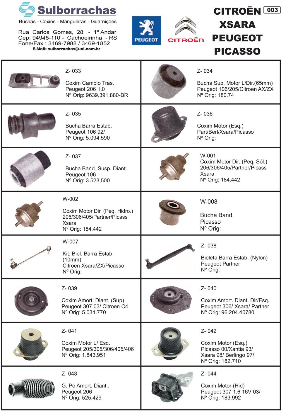 ) 206/306/405/Partner/Picass Xsara 184.442 W-002 Coxim Motor Dir. (Peq. Hidro.) 206/306/405/Partner/Picass Xsara 184.442 W-007 Kit. Biel. Barra Estab. (10mm) Citroen Xsara/ZX/Picasso W-008 Bucha Band.