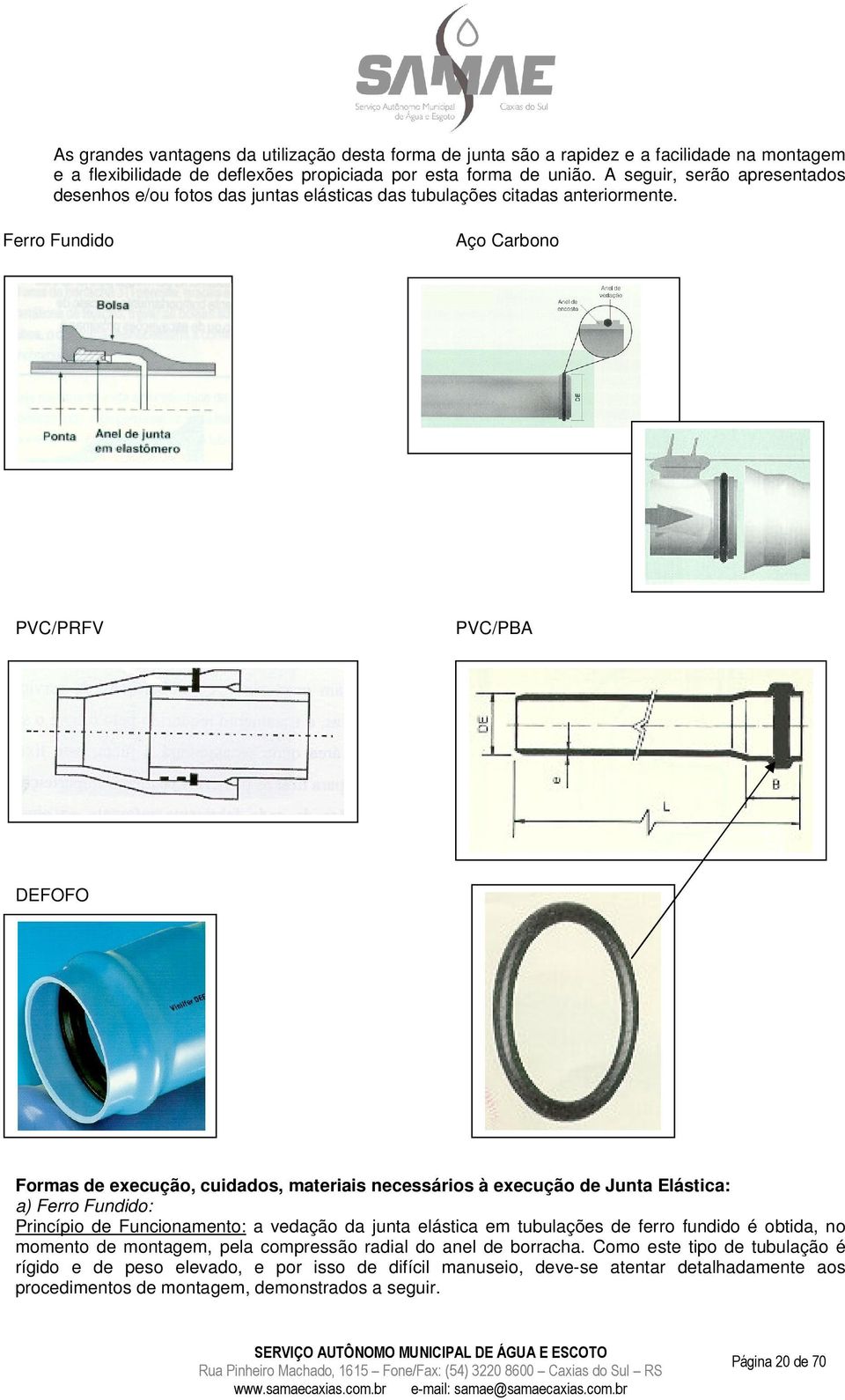 Ferro Fundido Aço Carbono PVC/PRFV PVC/PBA DEFOFO Formas de execução, cuidados, materiais necessários à execução de Junta Elástica: a) Ferro Fundido: Princípio de Funcionamento: a vedação da