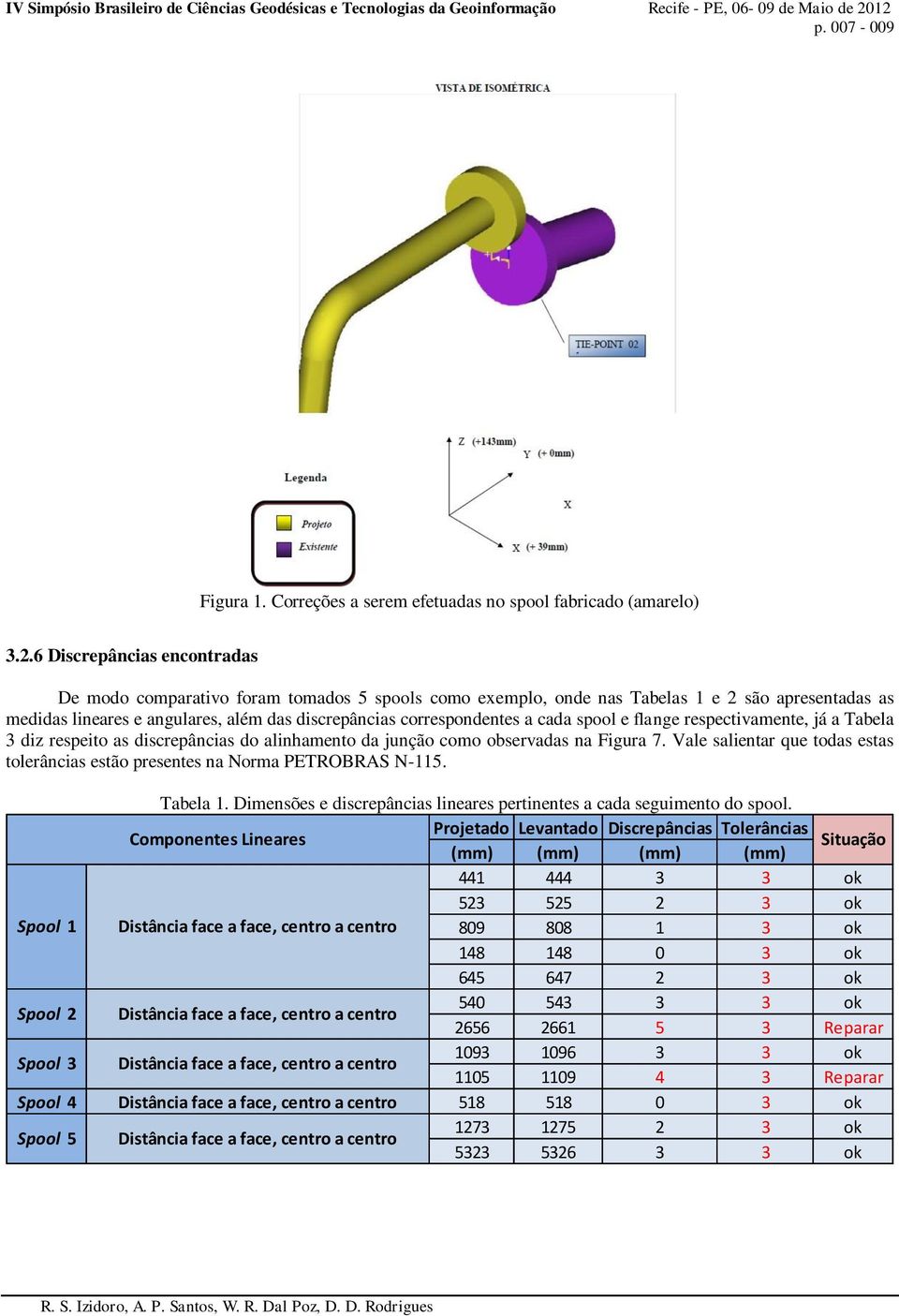 6 Discrepâncias encontradas De modo comparativo foram tomados 5 spools como exemplo, onde nas Tabelas e 2 são apresentadas as medidas lineares e angulares, além das discrepâncias correspondentes a